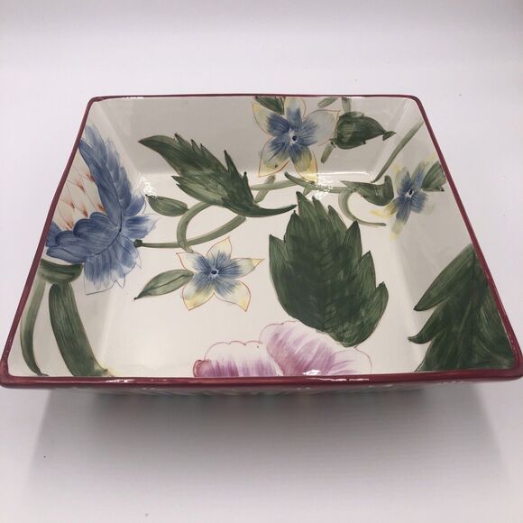 Earthenware Square Bowl American Atelier Ashley 12” Flowers w/Original Box - Picture 1 of 16